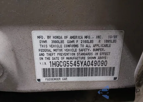 2000 Honda Accord 2.3 Lx from USA, damaged, VIN 1HGCG5545YA049090